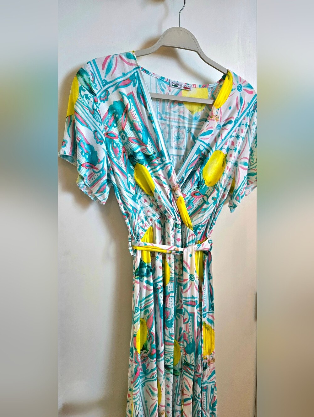 Lemon Print Wrap Midi Dress Amalfi Coast Tile Faux Wrap Made in Italy - Picture 3 of 7